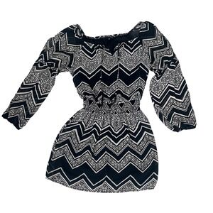 Want and Need Black White Aztec Geometric Mini Dress Long Sleeve Smocked M